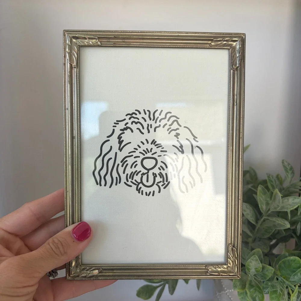 Vintage Brass Frame Goldendoodle Dog Line Art Portrait Minimalist Decor 5x7